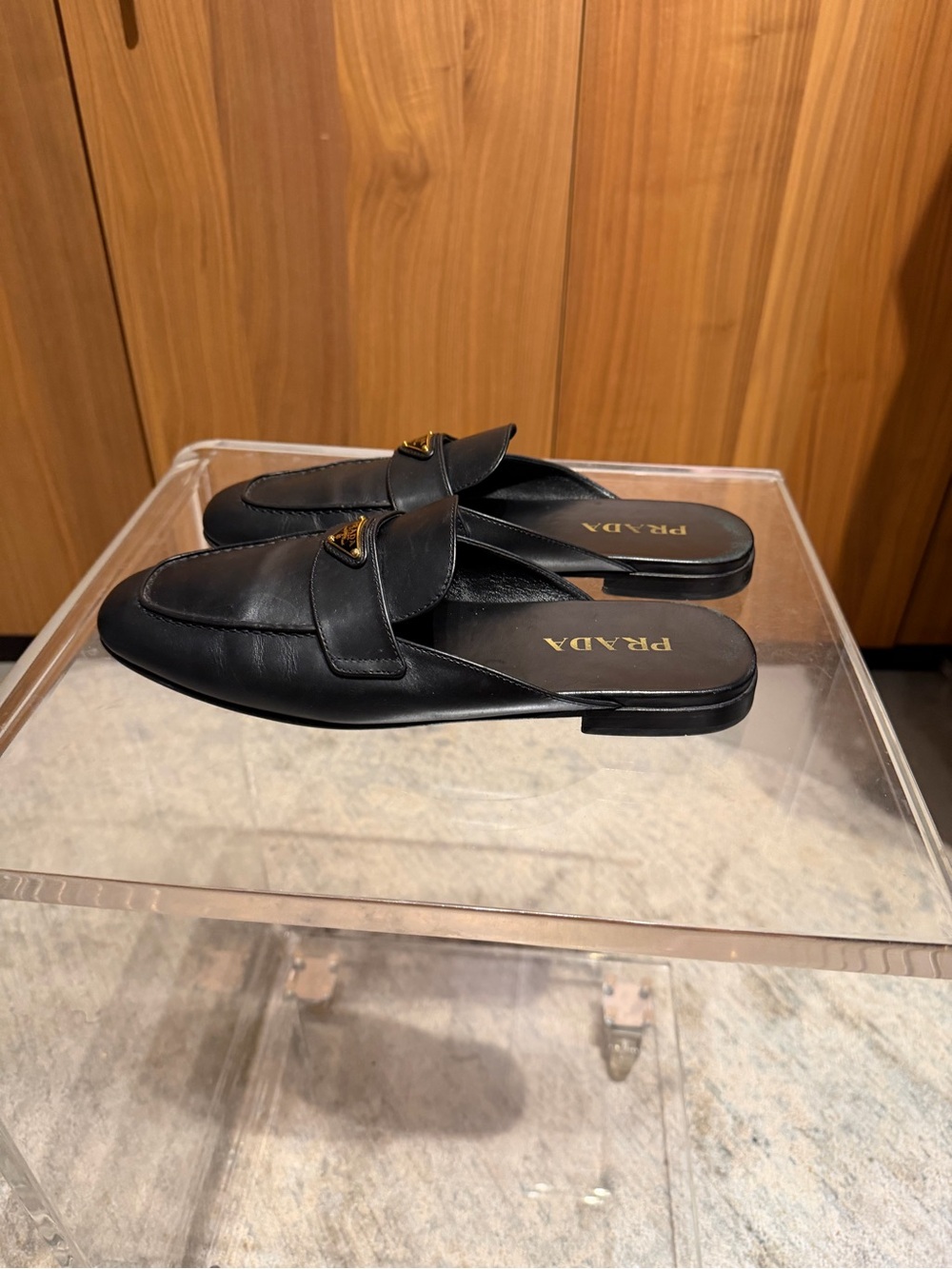 Prada Black Leather Backless Loafer Mule with Gold Triangle Hardware - Picture 11 of 13